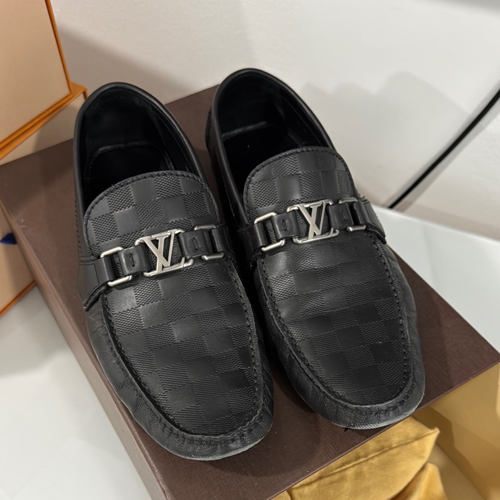 Louis Vuitton Black Leather Loafers with Silver Hardware